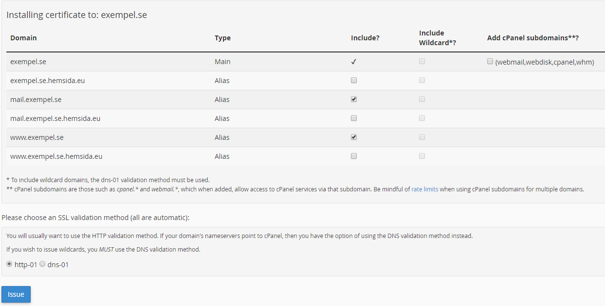 Select the subdomains and aliases that you want tis certificate to be valid for then click Issue
